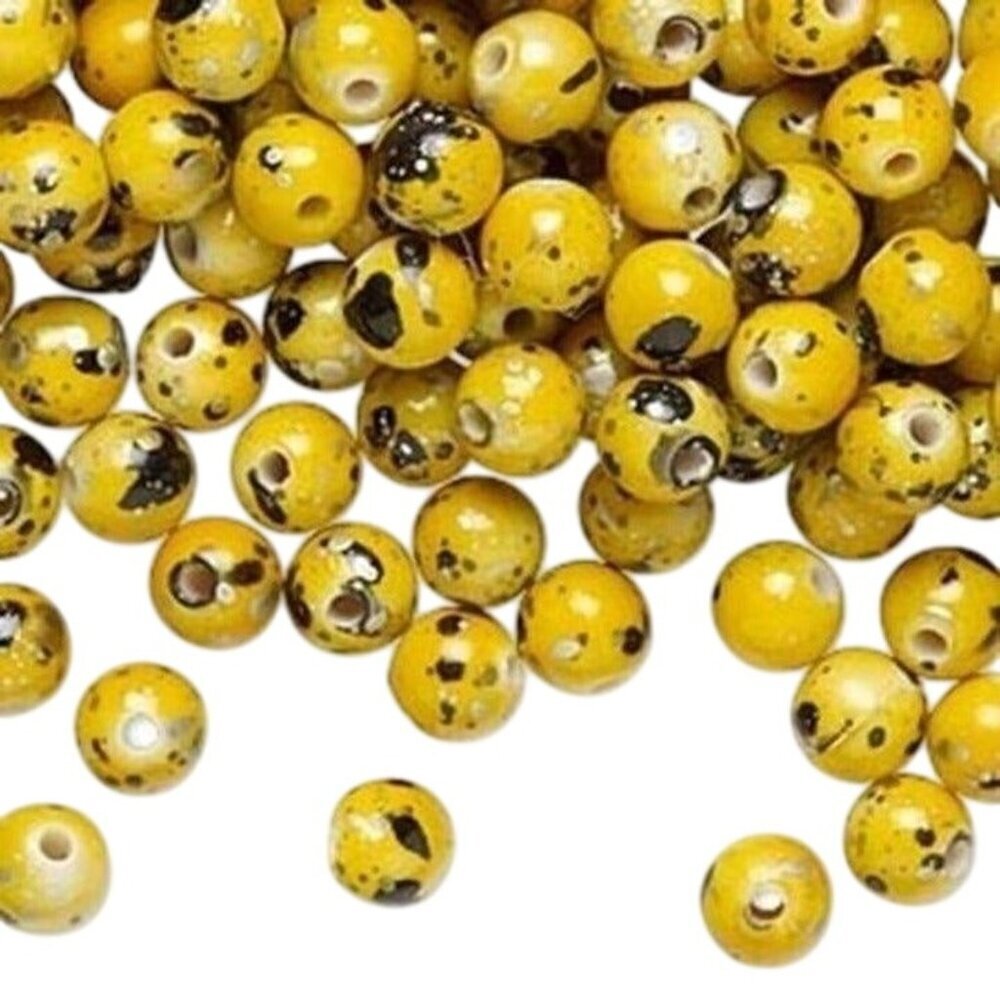 100 Yellow Silver Gold & Black Paint Spattered 80s Retro 6mm Round Beads